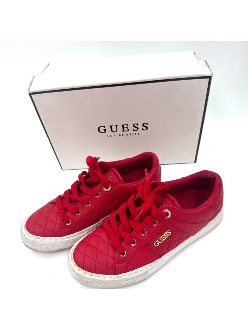Guess Womens Quilted Red Loven Sneakers Size 6M Lace-Up Casual Shoes With Box